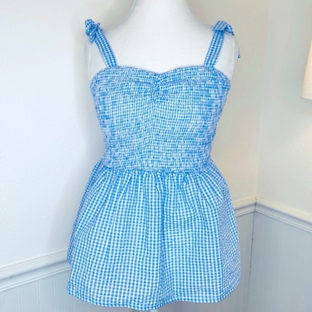 ❗Unique Vintage Gingham Blue White Babydoll Top Large❗